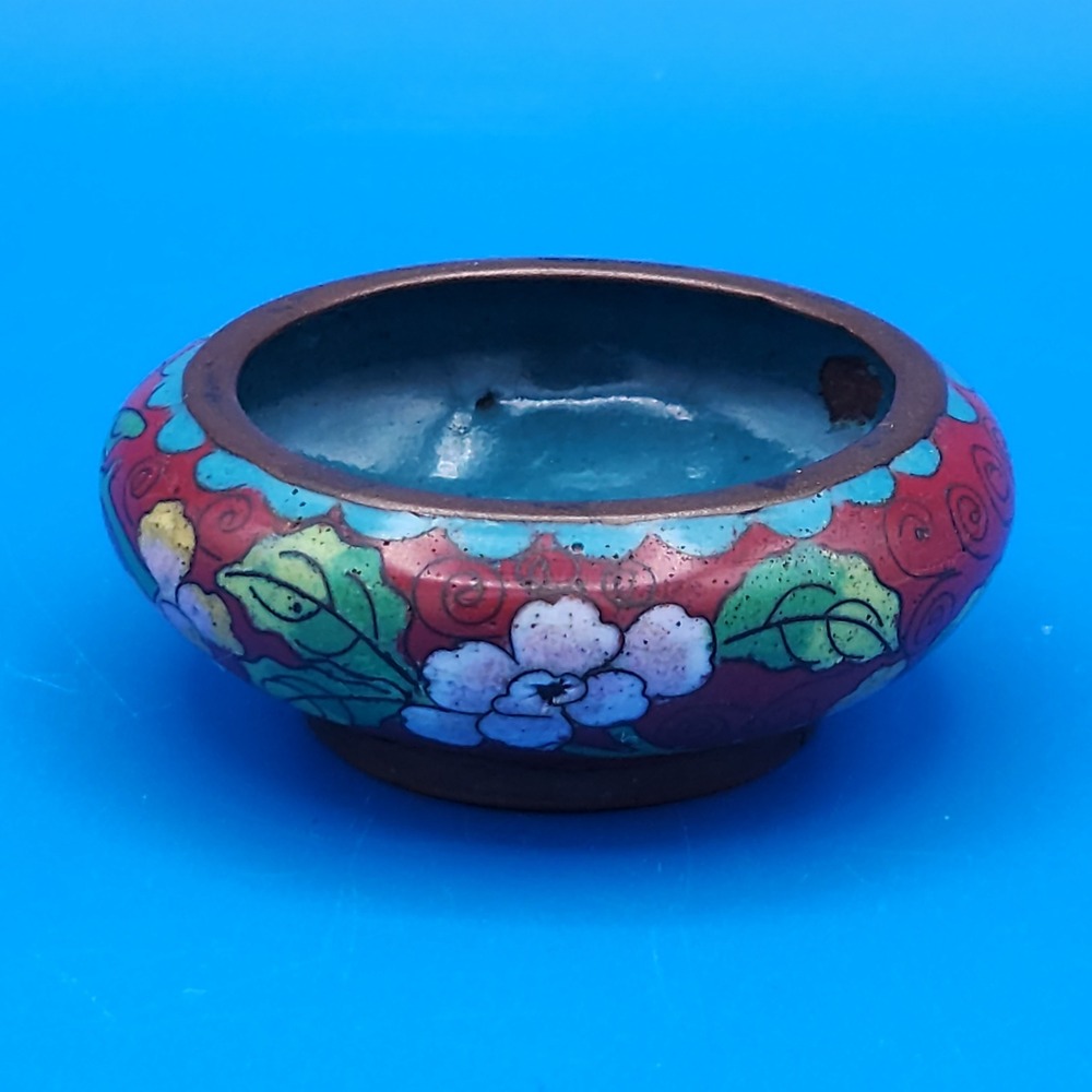 Vintage Chinese Cloisonne Enamel Floral Mini Bowl Red Turquoise Trinket Dish